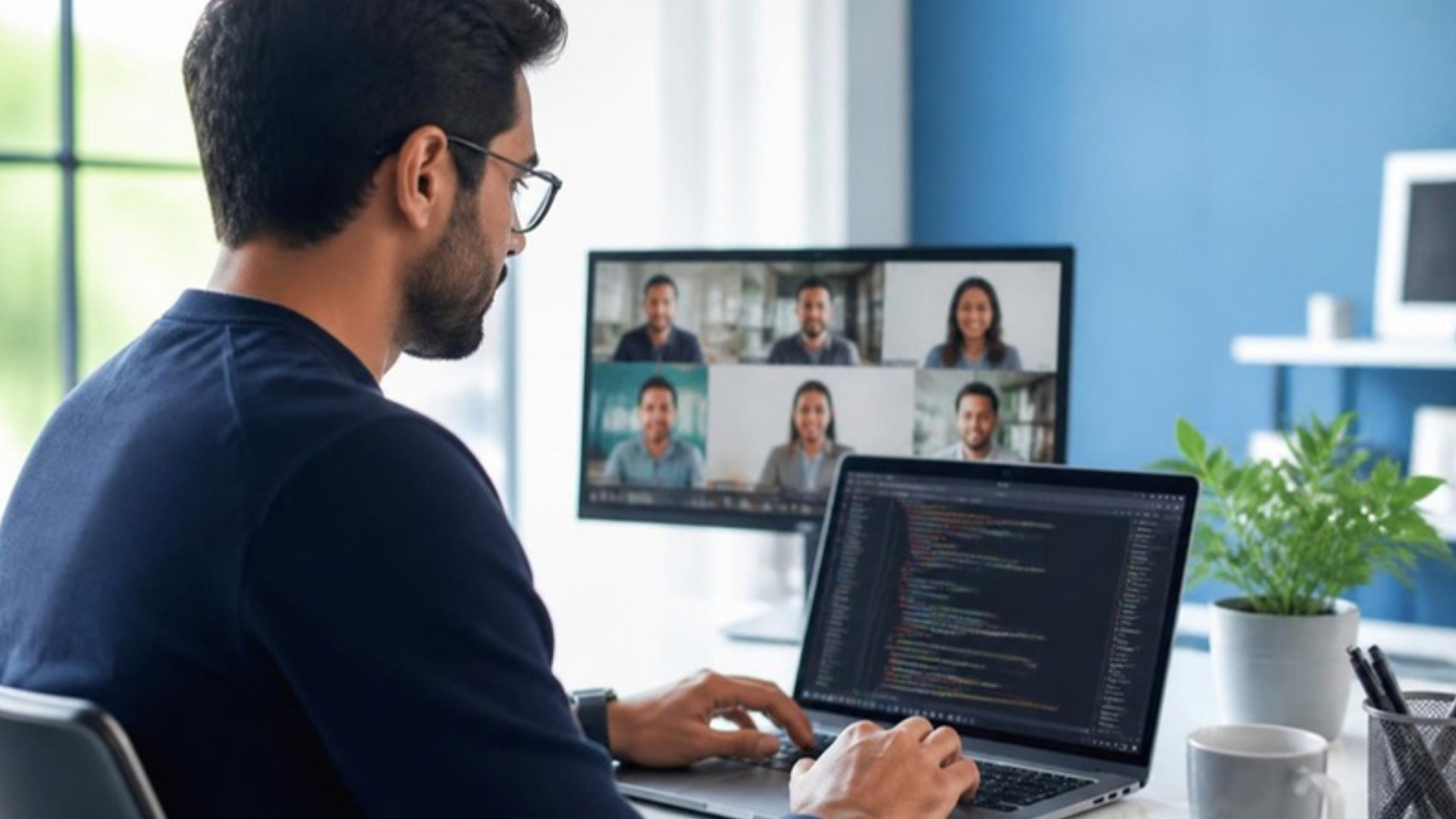 A developer working at a laptop, joining a video call with a distributed team